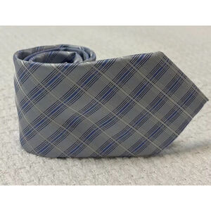 SAKS 5TH AVENUE 100% silk neck tie men's tie light blue white silver plaid OS